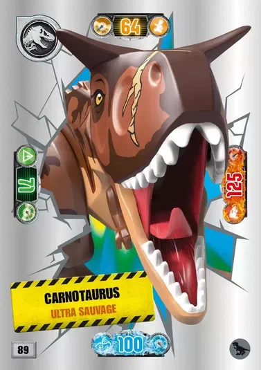 Carte de collection LEGO Jurassic World n°89 : Carnotaurus ultra sauvage