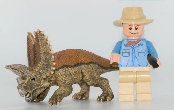 Un modèle de dinosaure Pentaceratops en plastique posé à côté d'un minifigurine LEGO.