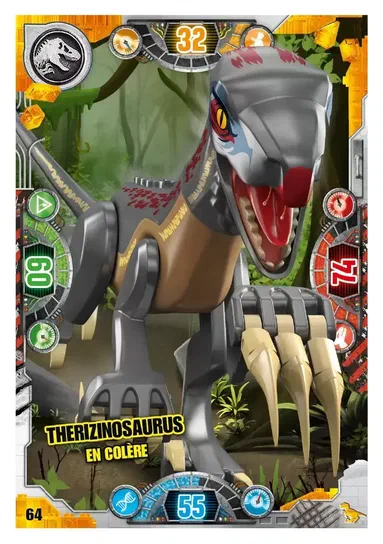 Carte de collection LEGO Jurassic World présentant un Therizinosaurus en colère.