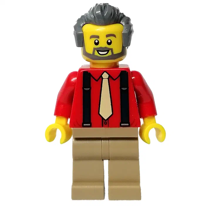Minifigurine LEGO avec une chemise rouge, des bretelles noires et un pantalon beige.