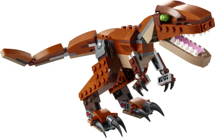 Un dinosaure T-Rex en briques LEGO de couleur marron, avec des griffes noires et un œil vert.