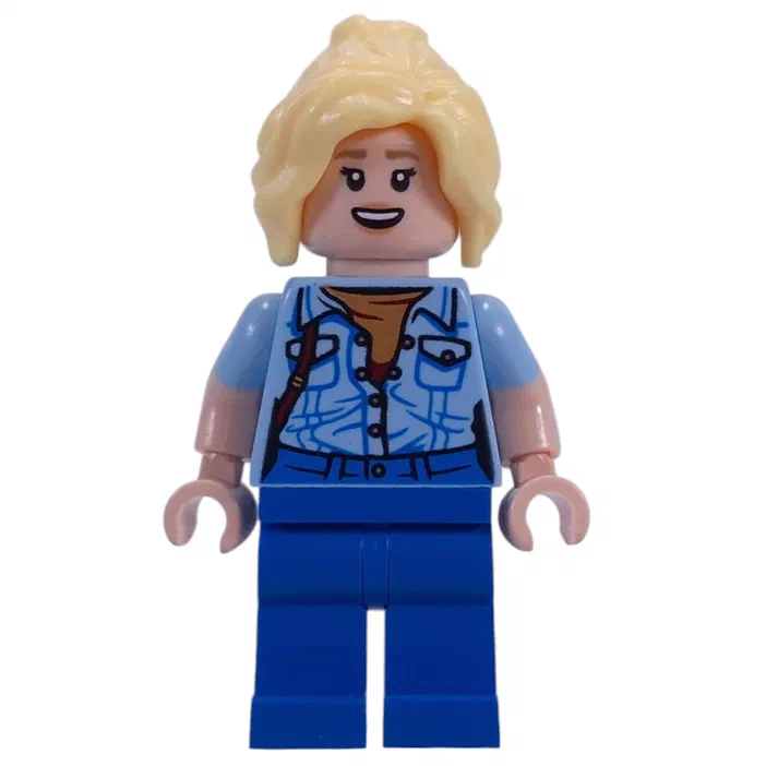 Minifigurine LEGO de Jurassic World avec des cheveux blonds, un gilet bleu et une chemise marron.