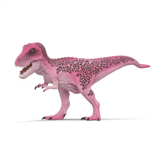 Un T-Rex jouet de la marque Schleich, peint en rose avec des motifs léopard sur le dos.