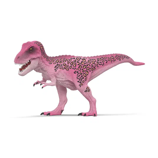Un T-Rex jouet de la marque Schleich, peint en rose avec des motifs léopard sur le dos.