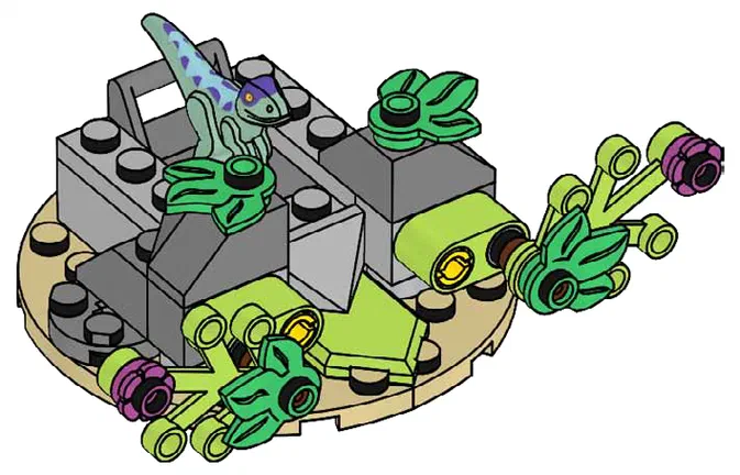 Ensemble de pièces Lego représentant un raptor vert sur une base grise avec des éléments verts et violets.