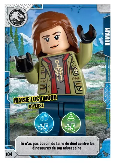 Carte de collection LEGO Jurassic World Série 2 n°104 représentant le personnage Maisie Lockwood joyeuse.