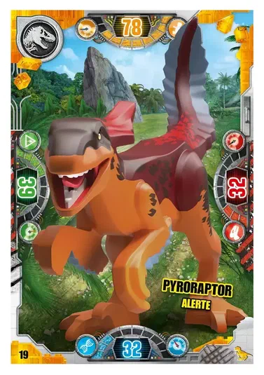 Carte de collection LEGO Jurassic World présentant le dinosaure Pyroraptor en alerte.