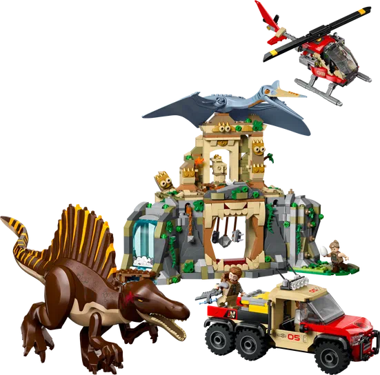 Ensemble de figurines LEGO Jurassic World montrant un dinosaure Spinosaurus, une base rocheuse avec un Pteranodon et un hélicoptère rouge.