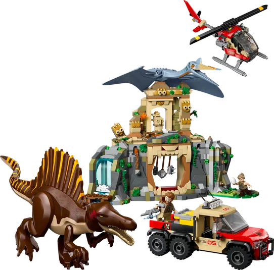 Ensemble de figurines LEGO Jurassic World montrant un dinosaure Spinosaurus, une base rocheuse avec un Pteranodon et un hélicoptère rouge.