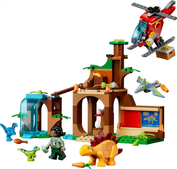Ensemble de construction LEGO Jurassic World avec un hélicoptère rouge et des dinosaures