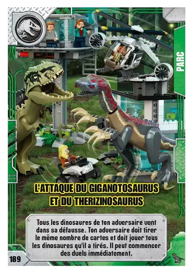 Carte de collection LEGO Jurassic World montrant l'attaque du Giganotosaurus et du Therizinosaurus dans un parc.