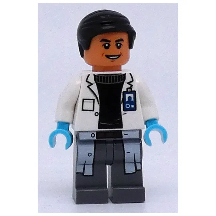 Minifigurine de Dr Henry Wu avec des mains bleu foncé, vêtue d'une blouse blanche et d'un pantalon gris.