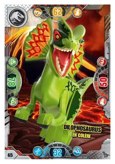 Carte de collection LEGO Jurassic World représentant un Dilophosaurus en colère.