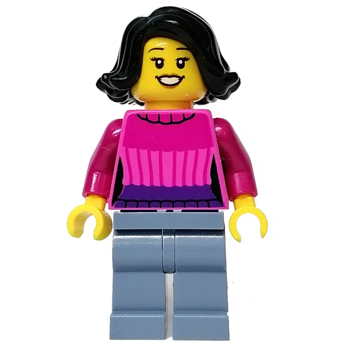 Minifigurine LEGO avec cheveux noirs, haut rose et bas gris.