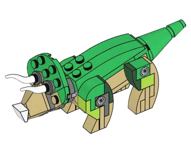 Un Triceratops en briques LEGO vertes et beige avec des cornes blanches.