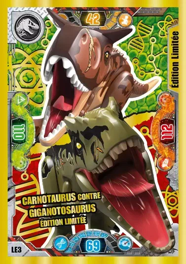 Carte de collection LEGO Jurassic World montrant un Carnotaurus et un Giganotosaurus en combat.