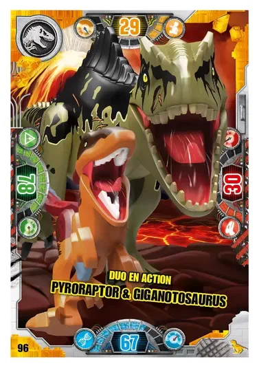 Carte de collection LEGO Jurassic World présentant le duo Pyroraptor et Giganotosaurus en action.