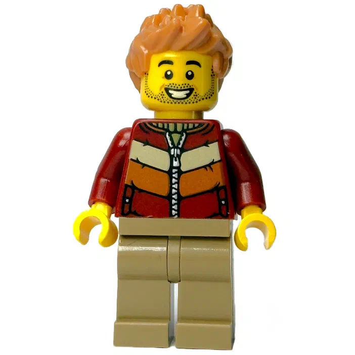 Minifigurine LEGO avec des cheveux roux et une veste rouge.