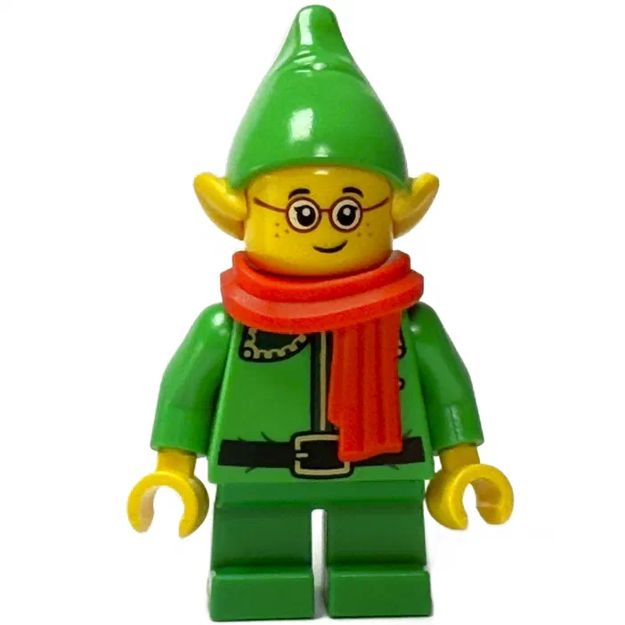 Minifigurine de LEGO elfe vert avec lunettes et écharpe rouge.