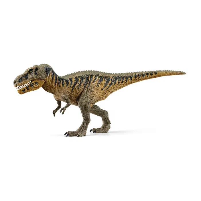 Figurine de dinosaure Tarbosaurus avec des rayures noires sur un fond blanc.