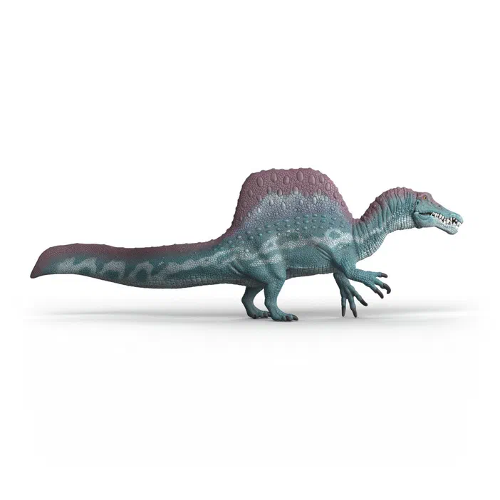 Modèle de dinosaure Spinosaurus en plastique avec une crête dorsale rose et un corps bleu.