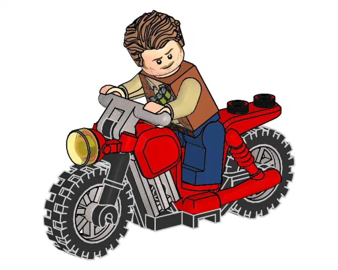 Minifigurine de Owen Grady sur une moto rouge en LEGO.