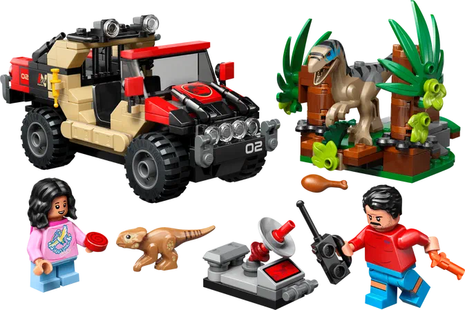 Ensemble de construction LEGO Jurassic World incluant un véhicule tout-terrain, une créature reptilienne dans sa tanière, deux personnages minifigures et divers accessoires.