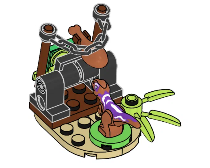Un raptor LEGO de couleur marron et violet se tient devant un piège mécanique composé d'une chaîne et d'un os.