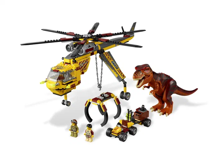 Ensemble de construction LEGO T-Rex Hunter avec hélicoptère jaune, dinosaure T-Rex brun, véhicule tout-terrain et deux minifigurines.