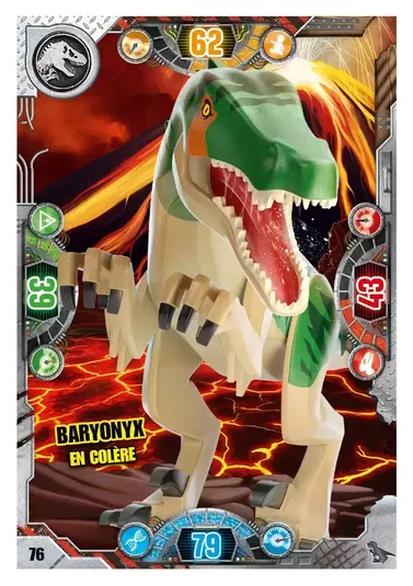 Carte de collection LEGO Jurassic World présentant un Baryonyx en colère avec des statistiques et le numéro 76.