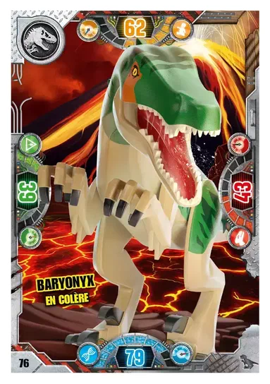 Carte de collection LEGO Jurassic World présentant un Baryonyx en colère avec des statistiques et le numéro 76.
