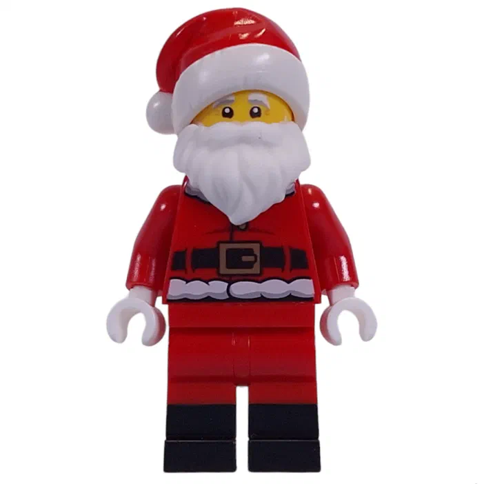 Minifigurine LEGO Père Noël en costume rouge avec barbe blanche et bonnet.