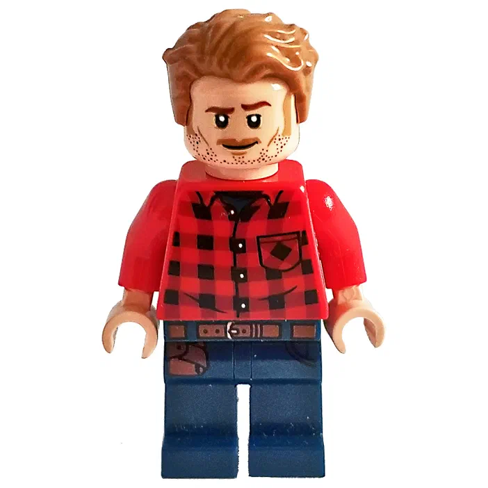 Minifigurine LEGO avec une chemise rouge à carreaux noirs et un jean bleu.