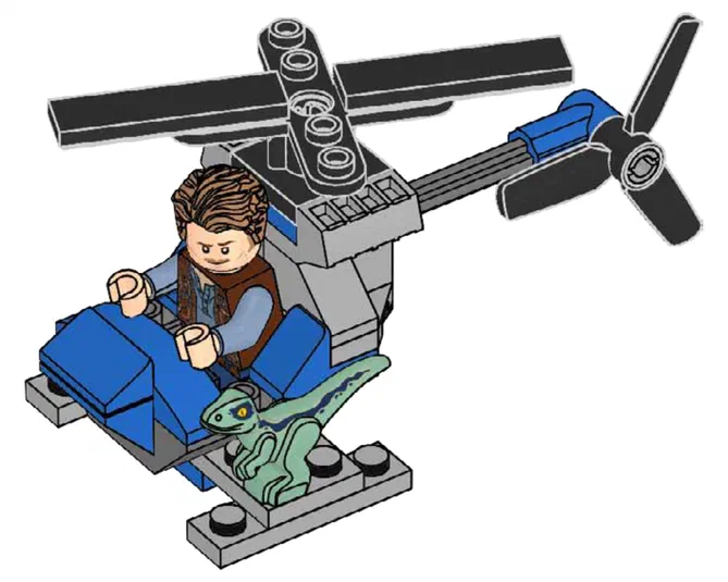 Un minifigurine Lego Owen Grady assis dans un hélicoptère bleu avec une créature verte à ses côtés.