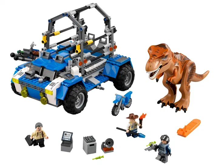 Ensemble de construction LEGO Jurassic World T. rex Tracker avec véhicule bleu et minifigurines