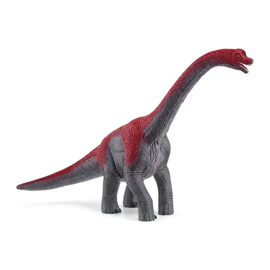 Figurine de dinosaure Brachiosaure gris et rouge sur fond blanc.