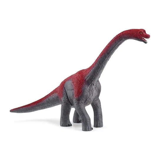 Figurine de dinosaure Brachiosaure gris et rouge sur fond blanc.
