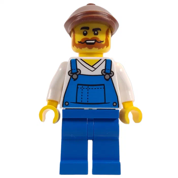 Minifigurine LEGO représentant un nettoyeur de vitres avec une tenue bleue et un chapeau marron.