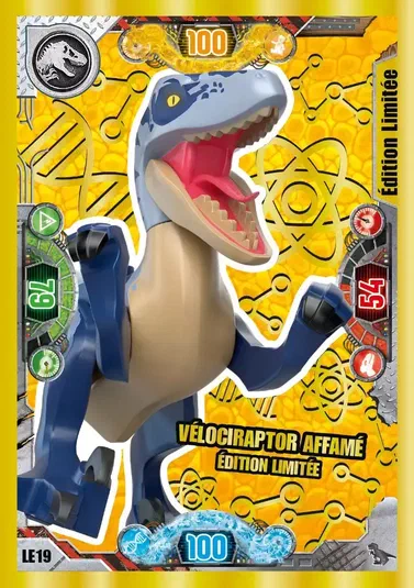 Carte de collection LEGO Jurassic World présentant un Vélociraptor affamé édition limitée.