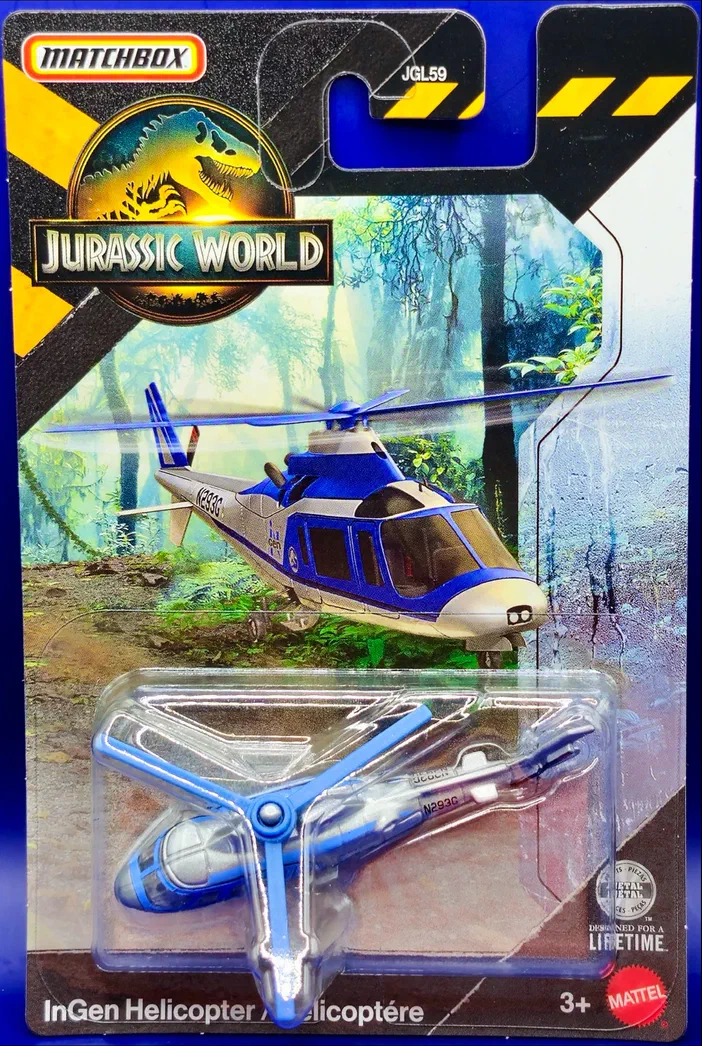 Carte de collection Matchbox InGen Helicopter du jeu Jurassic World avec le véhicule emballé en plastique