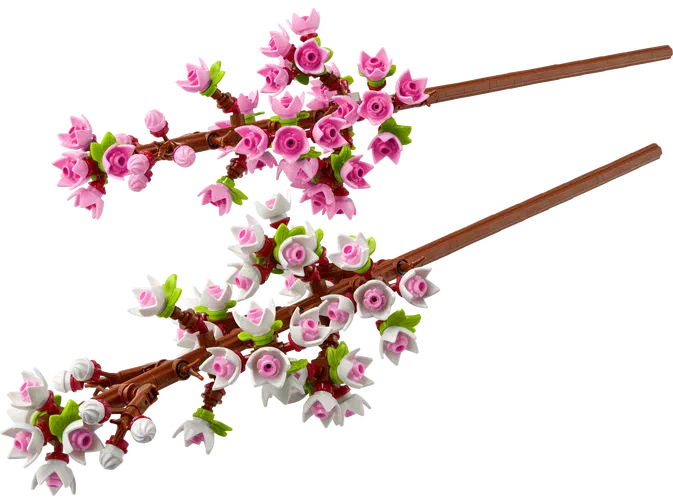 Deux branches de cerisier en fleurs LEGO, l'une avec des pétales roses et l'autre blancs.