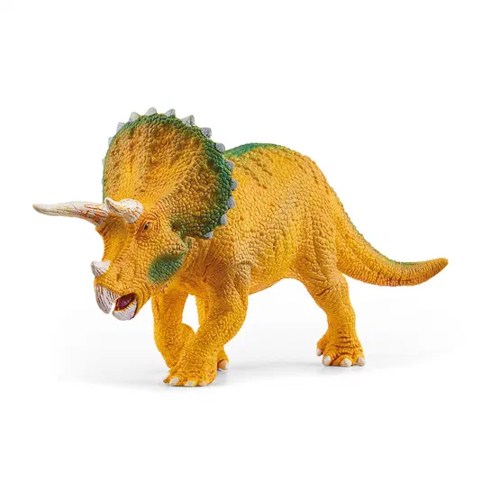 Figurine de tricératops jaune avec des accents verts sur le cou et les épaules.