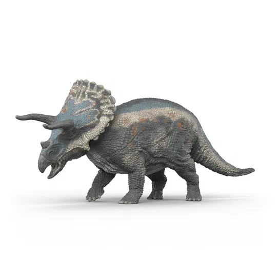 Modèle de tricératops gris avec des taches brunes sur un fond blanc.