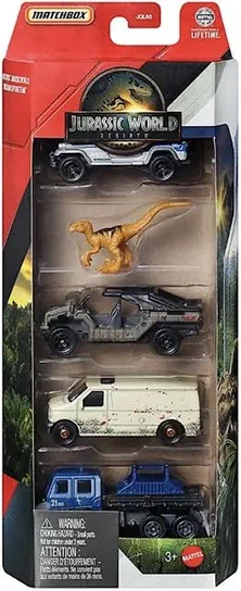 Emballage Matchbox Jurassic World Rebirth contenant cinq véhicules et un dinosaure