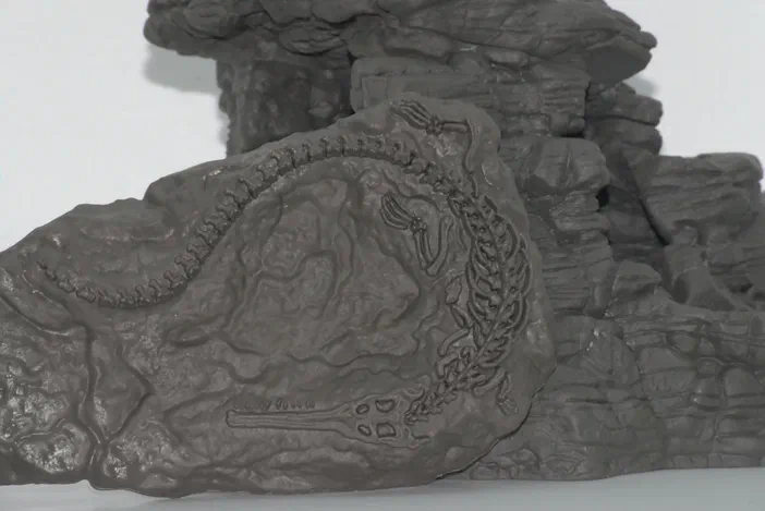 Modèle en relief d'un fossile de dinosaure sur fond rocheux gris.