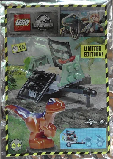 Emballage de set LEGO Jurassic World Dino-Trap, avec un dinosaure orange et bleu en avant-plan.