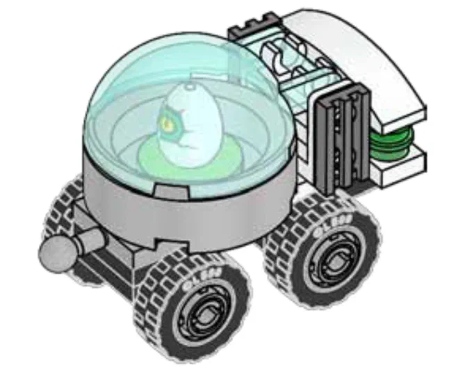 Incubateur mobile avec œuf dans un dôme transparent sur roues.