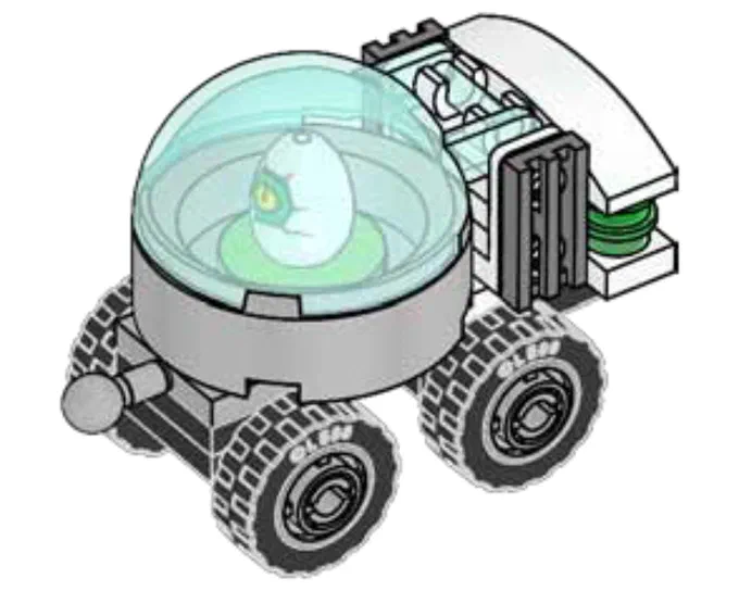 Incubateur mobile avec œuf dans un dôme transparent sur roues.