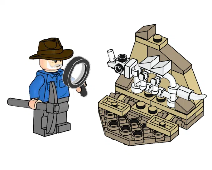 Alan Grant en minifigurme LEGO tenant une loupe et un pic à côté d'un squelette de dinosaure.