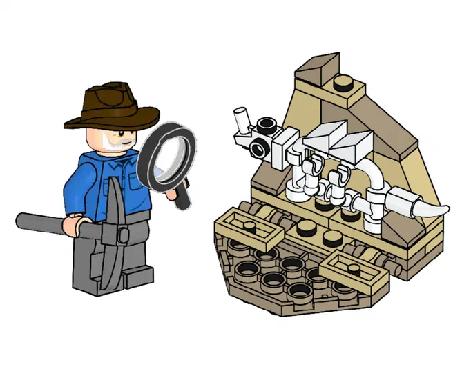 Alan Grant en minifigurme LEGO tenant une loupe et un pic à côté d'un squelette de dinosaure.